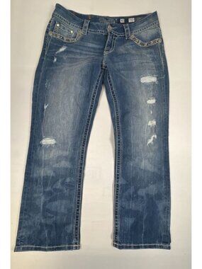 Miss Me Signature Crop Jeans Women 30 Blue Distressed Embellished Rhinestone